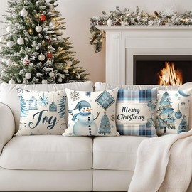 Cirzone Christmas Cushion Cover, 45 x 45 cm, Set of 4, Christmas Snowman, Christmas Decor Cushion, Christmas Cushion Cover, Christmas Decoration for Home, Sofa, Bedroom