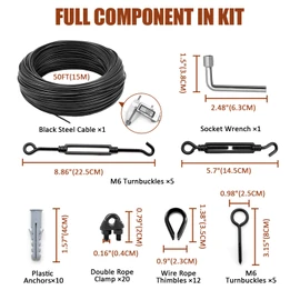 hannger String Light Hanging Kit Outdoor, Full Black Globe String Lights Suspension Kit w/ 50FT PVC Coated Steel Cable & Enough Accessories, Guide Wire for String Lights, Patio Lights, Camping Light