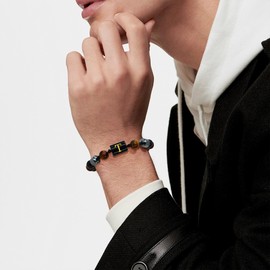 Yifnny Initial Bead Bracelet for Men, Tiger Eye Black Obsidian 8MM Beads Bracelet Adjustable Black Letter Beaded Stone Bracelet Jewelry Alphabet Beads Birthday Father Gifts for Men (T)