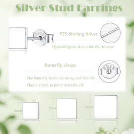 Cangall Silver Stud Earrings for Women, 3 Pairs 925 Sterling Silver Square Stud Earrings Set, Hypoallergenic Earrings Tiny Flat Dot Stud Earrings, 4/5 / 6mm Small Cartilage Sleeper Stud Earrings