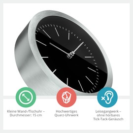 MEBUS 2in1 Wanduhr und Tischuhr mit gebürstetem Aluminium-Gehäuse I ohne Tickgeräusche Dank präzisem Quarzuhrwerk I Schwarz/Silber I 15cm klein