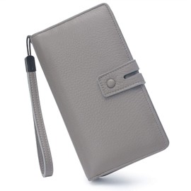 Bveyzi Women's Big Fat Rfid Leather Wristlet Wallet Organizer Large Phone Checkbook Holder with Zipper Pocket (Grey)