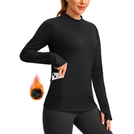 SANTINY Long Sleeve Thermal Shirts for Women Fleece Mock Neck Tops Winter Workout Running Gear with Zipper Pockets(Black_L)