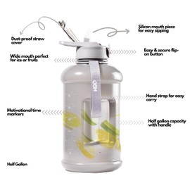 H2O Capsule INSPO Half Gallon Water Bottle with Time Marker and Straw Motivational Hydration Tracker Jug Big BPA-Free Food-Safe Leakproof Drinking Bottle Handle & Strap, Ash Gray