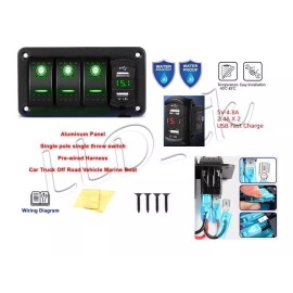 LLD_TK 3 Gang Toggle Rocker Green LED Switch Panel USB 4.8A ATV Boat Marine RV Truck