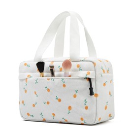 ZOEMTIU Makeup bag Large Cosmetic bags for women,Corduroy Zipper Pouch Travel Bag cute Toiletry bag with Handle(Orange,Flower)