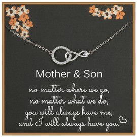 Mother Son Necklace, 925 Sterling Silver Infinity Necklace with CZ Ring, Jewellery for Mum from Son, Mother's Day Gift for Women, Birthday Gifts for Mum from Son