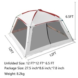 ZONGTI 12x12 Ft Screen House Tent - Instant Pop Up Mesh Canopy Shelter with Waterproof & Sunshade Roof, Easy Setup for Camping, Backyard, Beach, Picnic, Red White