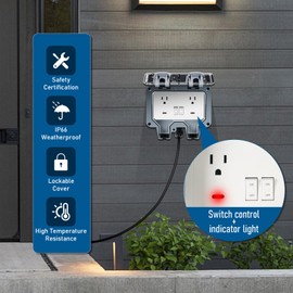 ZUYIYI Outdoor Power Outlet Box with 9.8Ft Extension Cord, Switches & LED Indicator Electrical Outlets Extender, 14 AWG 15 AMP 5-15R, Waterproof IP66, Wall Socket with Cover for Garden