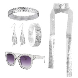 5 Pcs 70s Disco Accessories Women Disco Costume Jewelry Disco Sequin Scarf Headband Diamond Bracelet Earrings Sunglasses Sliver