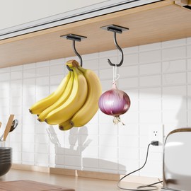 bussdis Short Banana Hook Under Cabinet - 2 Pack Adhesive Banana Hanger Under Counter, Metal Banana Holder Stand for Hanging Bananas or Kitchen Utensil, Keeps Bananas Fresh, Black