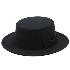 QUUPY Unisex Classic Fedora Hat Flat Top Hat Wide Brim Panama Hat with Bow Felt Jazz Hat Derby Cap Black
