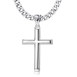 Tungary 925 Sterling Silver Cross Necklace for Men Women 5mm Stainless Steel Cuban Chain for Men Polished Silver Cross Pendant Chain Necklace Diamond-Cut Durable Mens Jewelry Gift 24 Inches