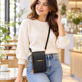 Touchscreen Phone Crossbody Bag for Women – Sequined PU Wallet with Card Slots, Wrist Strap and Clear Window