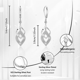 925 Sterling Silver Dangle Earrings for Women, ALEXCRAFT Dangling Drop Geometric Handmade Cubic Zirconia Minimalist Earring Trendy Leverback Dangly Handcrafted Rhinestone Earings Hypoallergenic