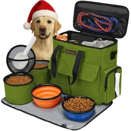 Modoker Dog Travel Bag, Weekend Pet Travel Set for Dog and Cat, Airline Approved Tote Organizer with Multi-Function Pockets and 2 Food Storage Containers, 2 Collapsible Bowls, 1 Feeding Mat (Green)