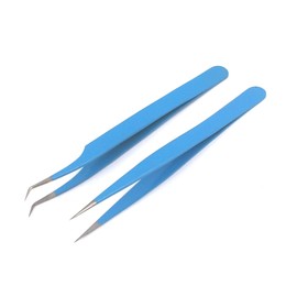 G.S 2 Pieces Straight and Curved Tip Tweezers Nipper for Eyelash Extensions, Sky Blue Stainless Steel False Lash Application Tools