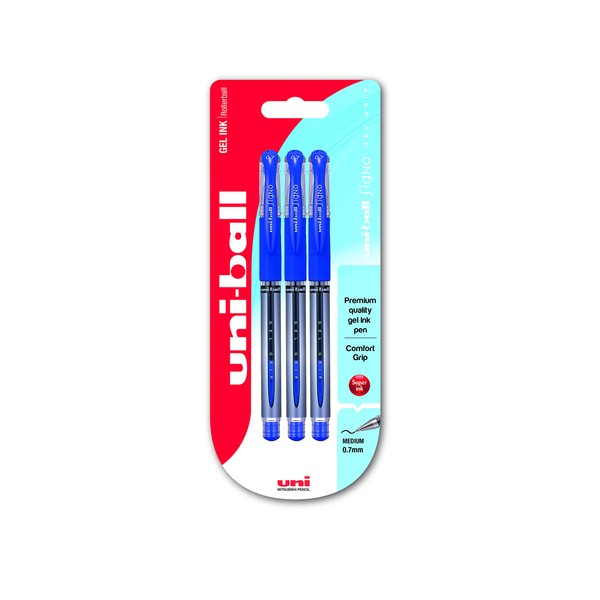 Uni-Ball UM-151S Signo Gel Pens with Gel Grip, Blue Gel, 0.7mm Stainless Steel Nib (Pack of 3)