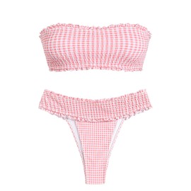 ZAFUL Women Strapless Ribbed High Cut Bandeau Bikini Lace Up 2 Pieces Swimwear, 0-05pink, Medium