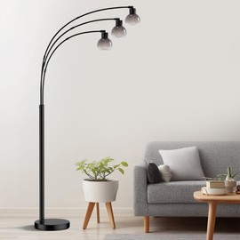 QiMH 3 Light Floor Lamp for Living Room, Adjustable Arc Standing Lamp with Smoked Glass Shades - Black Tall Corner Lamp for Bedroom or Office, Modern 3-Arm Tall Light(Bulb Inclued)