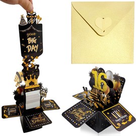 Black Gold Pop Up 16th Birthday Card for Women Man Her Him,16th Birthday Gifts 3D Pop-Up Greeting Card with Note and Envelope for Male Female for Daughter Son Mom Dad Wife Husband Friend