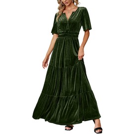 Amegoya Women's Velvet Short Sleeve V Neck Formal Wedding Guest Maxi Dresses Fall Evening Party Long Dresses AAA（Army Green L）