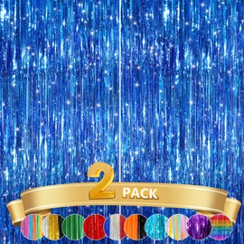 2 Pack Blue Metallic Tinsel Foil Fringe Curtains, Door Streamers Photo Booth Backdrop for Birthday Party, Tinsel Curtain Backdrop for Baby Shower Bachelorette Christmas Party Decorations