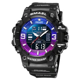 SMAEL Men's Military Watches Outdoor Sports Watch Waterproof LED Date Alarm Digital Analog Wrist Watches for Men, Purple Blue, Large Face, sport