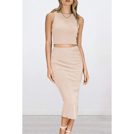 PRETTYGARDEN Women's 2 Piece Summer Outfits Crewneck Tank Tops Split Bodycon Midi Skirt Set (Apricot,Large)
