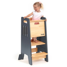 Toddler Tower with a Sliding Door and 3 Adjustable Heights - Complete Toddler Kitchen Stool Helper with Support Feet - Safe Design for 18+ Months to 6-Year-Old Kids - Gray