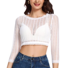 WOWENY Women's Dirndl Blouse Lace Costume Blouse - Elegant 3/4 Sleeve Blouse in White/Black for Oktoberfest & Traditional Festivals, White, XL