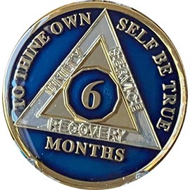 6 Month AA Medallion Metallic Midnight Blue Tri-Plate Sobriety Chip Serenity Prayer Back