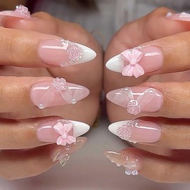 Foccna French Press on Nails Pink Medium, 3D Flower Fake Nails Almond Acrylic False Nails White,Artificial Nails for Women and Girls 24pcs