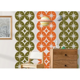 Mid Century Modern Groovy Starbursts in Large Circles Wall Decals | 80" x 22" Peel and Stick Wall Decor