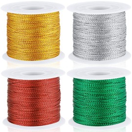 Shappy 440yards x 1mm Metallic Cord Tinsel Rope for Craft Making, Ribbon Wrap Thread Tag Cord for Gift Wrapping(Gold, Silver, Red, Green)