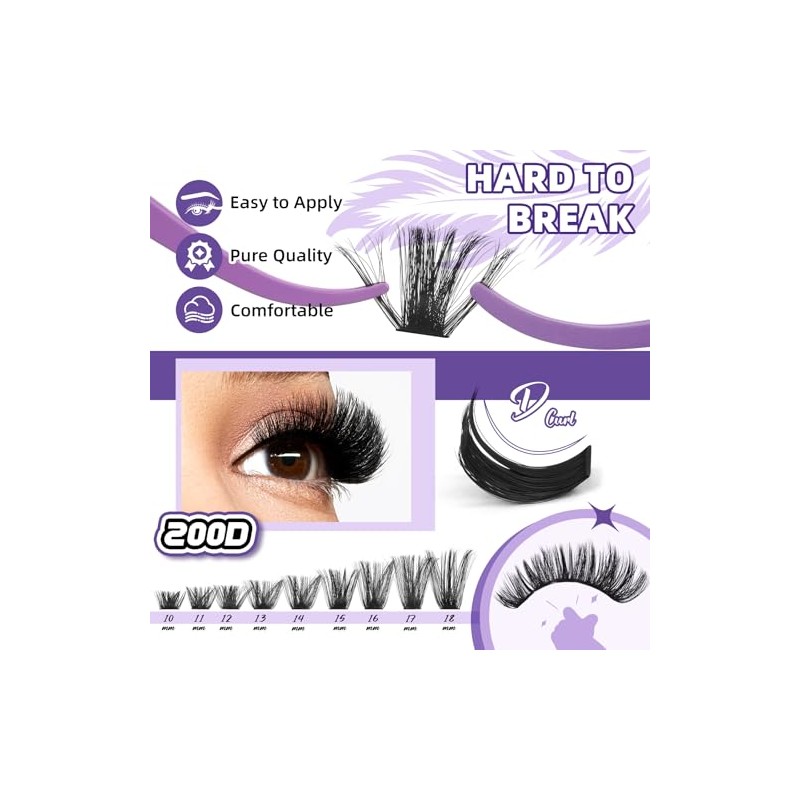 B&Q Fluffy Lash Clusters Kit UltraSoft Cluster Eyelash Extensions, 200D