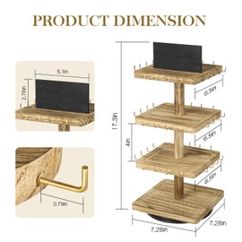 LadyRosian 3-Tier Wooden Rotating Jewelry Display Stand | Bracelet & Keychain Organizer with Advertising Board | 48 Hooks Rustic Holder for Vendor Booth & Stores (3-Tier Square Slot Display)