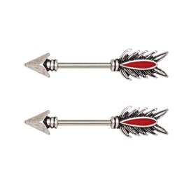 Pierced Owl 14GA 316L Stainless Steel Red Feather Arrow Tribal Nipple Barbells, Sold as a Pair