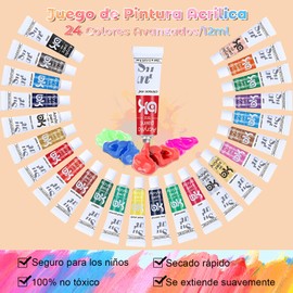 Juego de Pintura Acrilica, Pintura Acrilica, 24 Colores 12ml Con 10 Pinceles y 1 Paleta, Kit de Pintura Acrílica Profesionales, Apto para Principiantes en Pintura