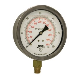 Winters PFQ Series Stainless Steel 304 Dual Scale Liquid Filled Pressure Gauge with Brass Internals, 0-60 psi/kpa,4" Dial Display, 1.5% Accuracy, 1/4" NPT Bottom Mount