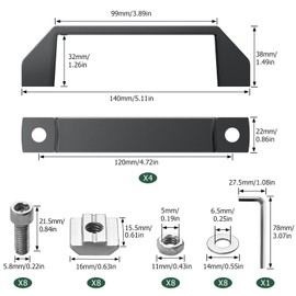 JiGiU Set of 4 Black Aluminium Alloy Handle with T-Nut Screws Washer Wrench Hand Handle for 30 Series Aluminium Profile (Hole Spacing: 120 mm)