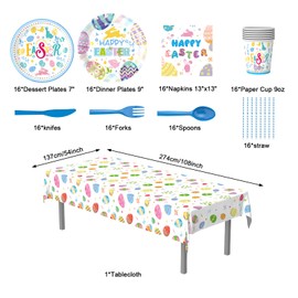 erichbow Easter Party Supplies,Happy Easter Disposable Tableware Set, 129Pcs Including Paper Plates, Luncheon Napkins Cups Forks Spoons Knives Straws Kids Easter Party Decorations, Serves 16