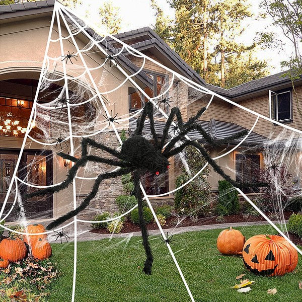 Spider Web Halloween Decoration, 236" Spider Web+ 60" Giant Spider Decorations Fake Spider with Triangular Huge Spider Web for Indoor Outdoor Halloween Decor Yard Home Haunted House Decor