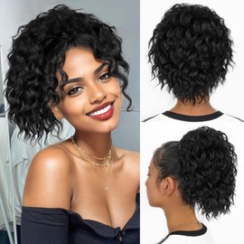 Loose Curls Drawstring Ponytail Extension for Black Women Fake Hair Bun Lightweight Fluffy Updo Synthetic Ponytail Hair Pieces for Thinning hair Curly Clip in Ponytail (1B#, 8inch)