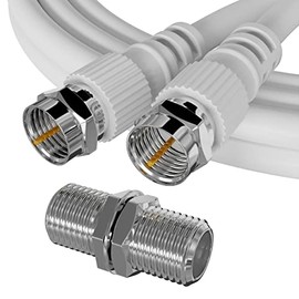 ConnectingU 2m White Satellite Coaxial Cable Kit (Virgin Media & Sky Compatible) - Male to Male Cable with F-Type Connectors Bundled with an F-Type Female to Female Coupler.