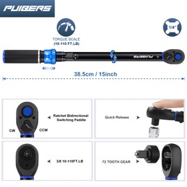 PUIBERS 3/8 inch Drive Click Torque Wrench, Click Torque Wrench 3/8 Torquimetro 10-110 FT.LB/13.6-149.2 Nm, Dual-Direction Adjustable 72 Tooth for Bike Moto and Car Repair
