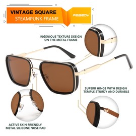 FEISEDY Retro 70s Sunglasses Men Women 80s Square Steampunk Glasses with Metal Frame & UV400 Protection B0114, brown