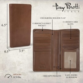 Tony Perotti Men's Leather Checkbook Long Wallets - Italian Bifold with Card Holders, Pockets, ID Window - Eco-Friendly Vegetable-Tanned Full Grain