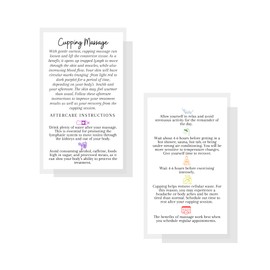Cupping Massage Therapy Aftercare Cards | 50 Pack | Size 2x3.5" inch Business Card | White with Rainbow Color Icons Design