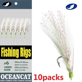 Ocean CAT 10Packs 6 Hook/Set Fishing Rigs White Feather Fishskin String Hook Fishing Lure Saltwater Freshwater Bait Rig Tanckle 2/0#1/0#2#4#6#8#10#12#14 (White, 1/0#)